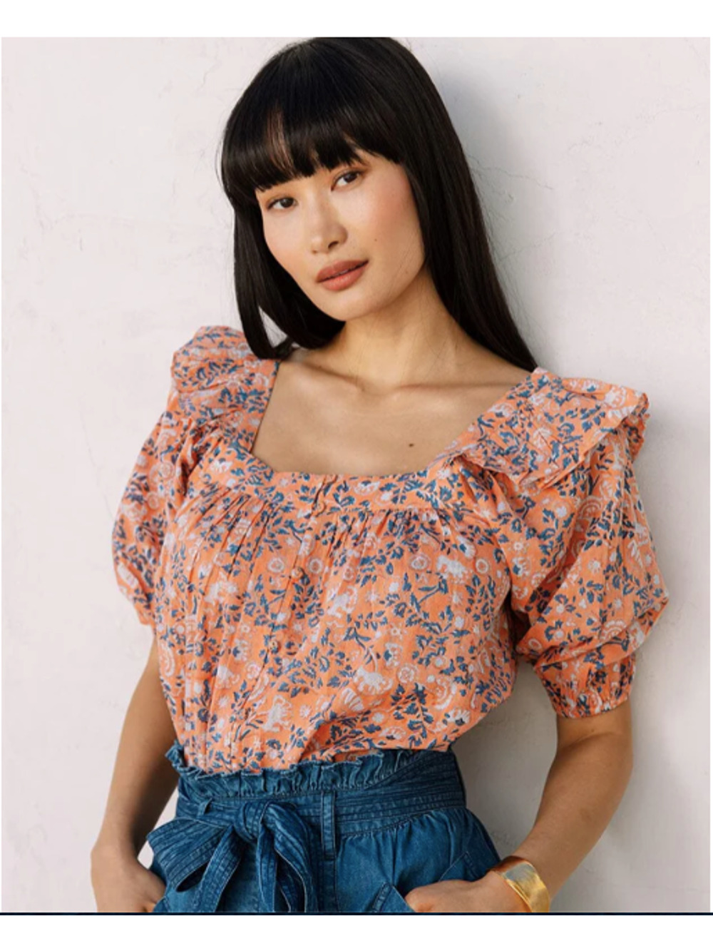 CLEOBELLA NWT Mariana Puff Short Sleeve Blouse in Peach Positano Floral // L